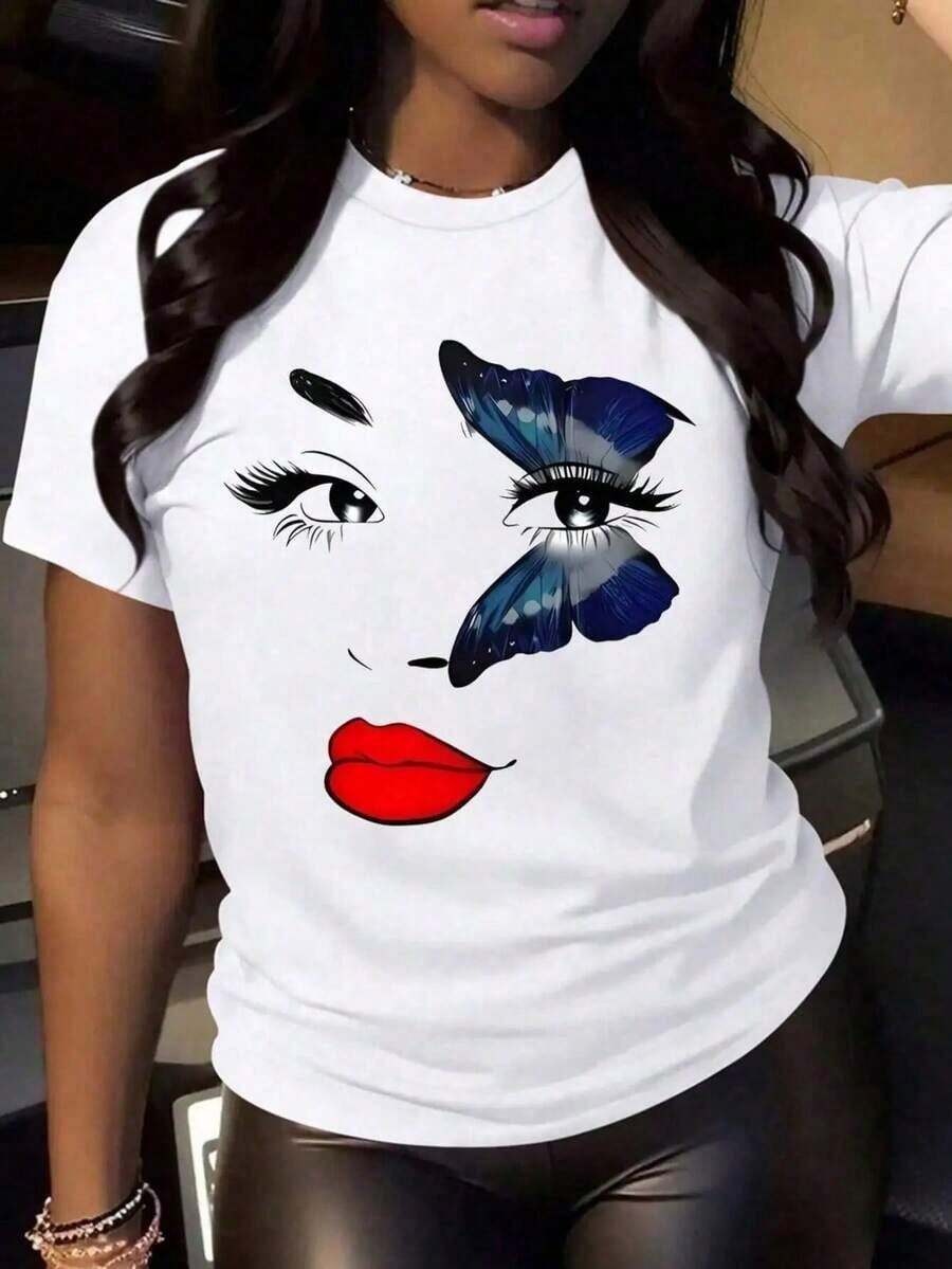 Camiseta de Mujer con Diseño de Mariposa/Enigmática/Artística/Estilo Relajado/Cuello Redondo/Mangas Cortas/ Material/Airado/Disponible en Varios Tamaños/Ropa de Verano para Mujer - Blanco - Ver 1