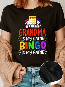 Stylish Casual Short-Sleeved T-Shirt With Round Neck And Bingo Grandma Letter Print, Ideal For Spring And Summer, Chic T-Shirt For Women. - 黑色 - 查看 1