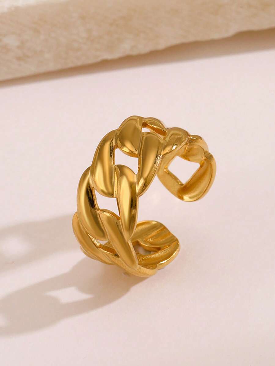 1 pieza Anillo de cadena gruesa de acero inoxidable chapado en oro de 18K, diseño minimalista adecuado para uso diario y fiestas de mujeres - Amarillo Oro - Ver 1
