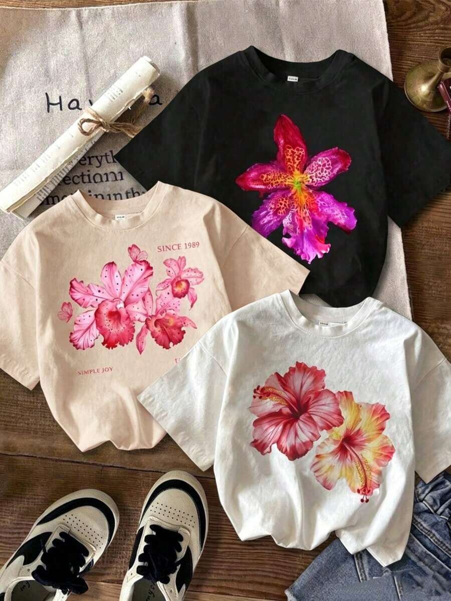 Prenda individual de verano, no es un conjunto de 3 piezas, 1 pieza/set de camisetas de manga corta adecuadas para ropa de calle, top de cuello redondo de gran tamaño para salidas diarias, campamentos, conciertos, eventos de hip-hop, rock y rap. Camiseta de mujer con cuello redondo, estampado floral de hibisco y eslogan, estilo . Camiseta de manga corta clásica de dibujos animados con doble oso retro, una combinación de estilo dulce y estético retro americano, práctica para los desplazamientos diarios, adecuada para salidas de chicas, picnics de verano, vida universitaria, compras, mercados temáticos, vacaciones diarias, ocio y más. Una camiseta de manga corta para crear atuendos que rejuvenecen. - Blanco - Ver 1