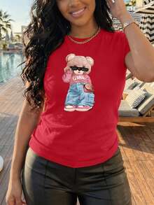 Women's Oversized Brown T-Shirt With  Bear Print. Loose-Fitting Round Neck T-Shirt With A Pink Bear Wearing Glasses. Casual Short-Sleeved T-Shirt With A  Bear, Chic And Youthful Style. - YH484-紅色 - 查看 1