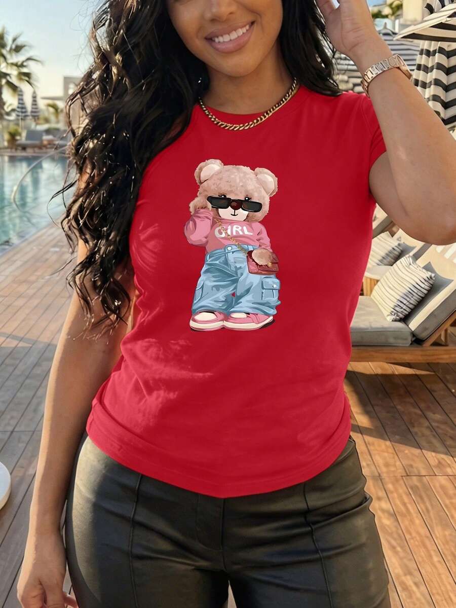 Women's Oversized Brown T-Shirt With Bear Print. Loose-Fitting Round Neck T-Shirt With A Pink Bear Wearing Glasses. Casual Short-Sleeved T-Shirt With A Bear, Chic And Youthful Style. - YH484-紅色 - 查看 1
