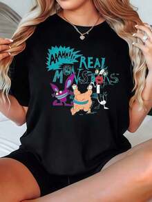 Camiseta vintage para mujer, casual, de cuello redondo, opciones en negro y blanco, con personajes de dibujos animados y AAHH!!! Camisetas con Estampado de Monstruos Reales, Cómodas para Uso Diario, Tops de Verano, Camisetas Gráficas, Conjuntos de Verano para Mujer, Camisetas Cortas para Mujer, Tops Vintage de Algodón, Ropa Linda para Mujer, Moda Femenina - Negro - Ver 7