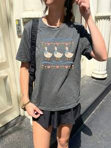 Women's Retro 80s Goose Print Round Neck Short Sleeve Casual T-Shirt, Funny Blue Ribbon Goose Women's Top, Vintage Goose Women's Summer Clothing, Cute Farm Animal Summer Top - Dark Grey - View 3