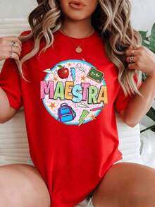 Short-Sleeve Graphic Tees Colorful Print With The Word TEACHER Surrounded By Apple, Chalkboard, Backpack, Pencil, Stars And Learning Symbols That Celebrate Educational Dedication. Women's T-Shirt, 100% Cotton, Comfortable And Creative. - 紅色的 - 查看 6