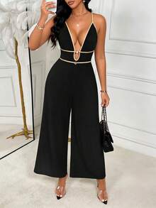 AIJ Macacão formal feminino sem mangas com decote halter, preto, em malha, com detalhes recortados e pernas largas e compridas, tecido com elasticidade média, verão - Preto - Ver 5