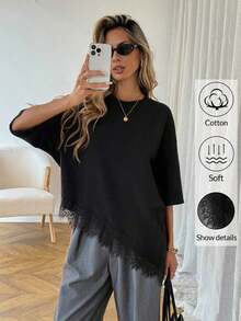 Camiseta casual de mujer con dobladillo asimétrico de encaje de unicolor, uso básico diario, blusa casual de primavera/verano para vacaciones de mujer, vacaciones de verano para mujer, primavera para mujer, vacaciones de primavera, top para ir a la playa - Negro - Ver 1