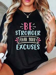 Casual T-Shirt With Positive Phrase 'Be Stronger Than Your Excuses' For Men And Women, Round Neck, Short Sleeve, Fashion Graphic T-Shirt - 黑色 - 查看 7