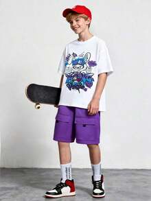 Conjunto de 2 piezas estilo urbano para adolescentes, camiseta con estampado de conejo graffiti + pantalones cortos cargo morados, conjunto casual, cómodo y versátil para skateboarding. - Negro - Ver 1