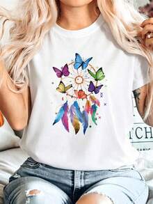 Women's Casual T-Shirt With Dreamcatcher And Butterfly Print, Black, Short Sleeve, Round Neck, Drop Shoulders, Medium Stretch Knit Fabric For Everyday Wear TMXX - 白色 - 查看 6