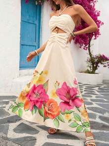 Vestido de gasa con estampado para primavera y verano con cuello de halter para mujeres - Multicolor 3 - Ver 9