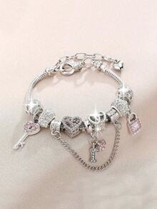 1pc Women's Daily Wear Valentine's Day Snake Chain Heart-Shaped Paw Print Rhinestone Romantic Silver & Pink Charming Bracelet - Multicolor - View 1