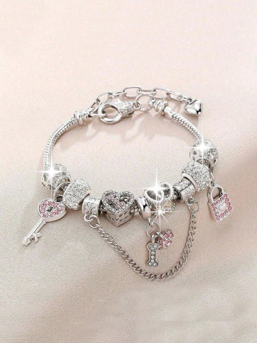 1pc Women's Daily Wear Valentine's Day Snake Chain Heart-Shaped Paw Print Rhinestone Romantic Silver & Pink Charming Bracelet - Multicolor - View 1