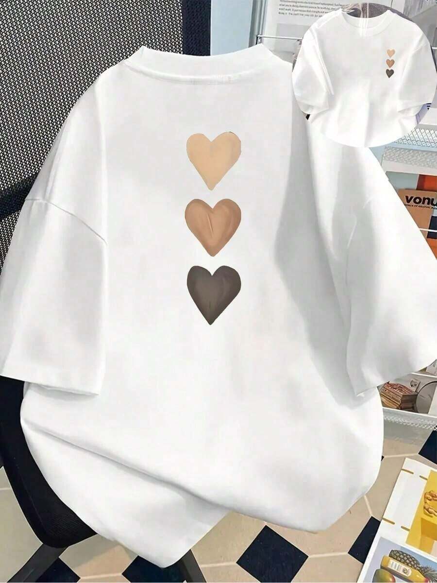Camisetas de manga corta de talla grande para mujer, ideales para el verano, tops básicos para el día a día, camiseta estampada de manga corta con diseños en la parte delantera y trasera - Corazón, en forma de corazón - Camiseta estampada de primavera/verano para mujer, artículo de moda, versátil y casual, transpirable y cómoda. - Blanco - Ver 1