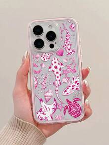 1pc Fashion Creative Full-Screen Pink Floral Whale, Sea Turtle, Shell, Starfish Pattern Phone Case, Dual-Color TPU Anti-Drop Soft Shell Compatible With Apple 11/12/13/14/14Plus/15/15Plus/16/16Plus/17/17Pro - Multicolor - View 5