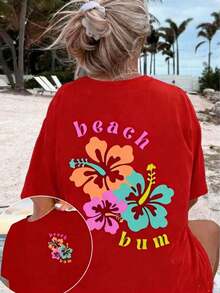 Vintage [Camiseta de Playa con Estampado Floral] Camiseta de Talla Grande para Mujer con Estampado Floral y Hombros Caídos | Camiseta casual de manga corta con cuello redondo y diseño "Beach Bum" - Tela pura, cómoda y transpirable para primavera y verano, camiseta de corte holgado, textura suave, estilo urbano, unisex, para primavera/verano/otoño, atuendo para el Día de San Valentín, atuendos de verano, Día de la Madre, camisas, camisas para mujer, playeras, playeras de mujer, vintage, atuendo de Pascua para mujer, tops de talla grande para el Día de la Madre en fiestas, moda. - Rojo - Ver 7