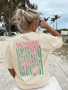 Camiseta de manga corta para mujer, estilo retro americano vintage, con estampado de bloques de color y rayas, suave, cómoda, holgada, informal, ideal para reuniones de fin de semana en verano, cafeterías, paseos por la ciudad y desplazamientos diarios, color rosa. - Albaricoque 2 - Ver 6
