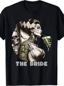 Camiseta Vintage Divertida de Halloween para Mujer y Hombre: La Novia, El Monstruo, Estilo Espeluznante - Negro - Ver 6