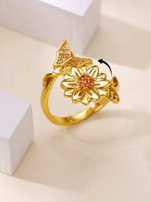 1pc Sweet Butterfly & Sunflower Rotating Ring, 18K Gold Plated Open Band, Interesting Design Jewelry, Daily Wear & Gift - Multicolor - View 2