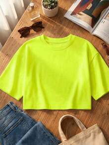 Blusa de mujer de cuello redondo, manga corta, holgada y casual, de estilo minimalista, elegante y sexy Y2K, adecuada para uso diario, oficina, hogar, exterior, primavera/verano - verde fluorescente - Ver 2