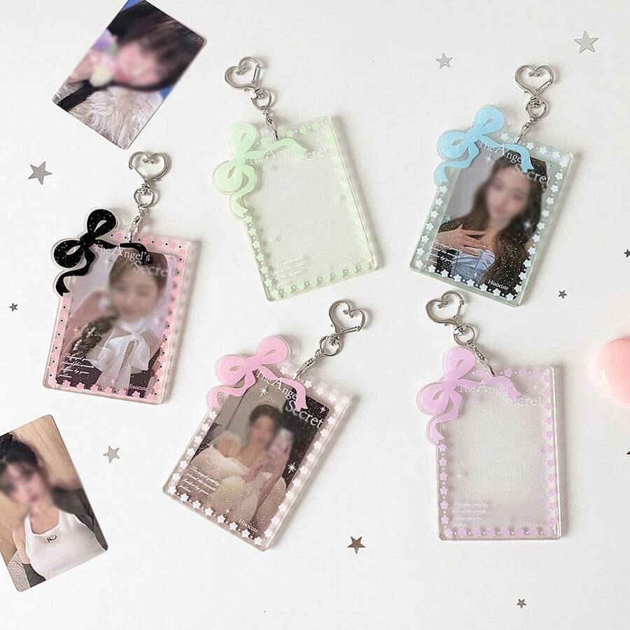 1pc Angel Secret Glitter Acrylic Photo Card Holder With Bow And Star Frame, 3-Inch Idol Photo Card Protector With Heart-Shaped Keychain, Transparent Cute Card Display Box For Backpack Decoration, Fan Collection And Daily Use, Back To School