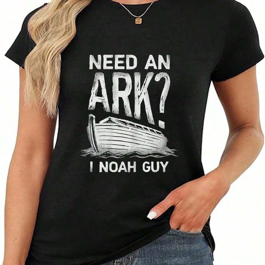 Playera de mujer 100% algodón manga corta frase Noé arca casual verano - Negro - Ver 1