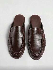 Vintage British Style Women's Loafers 2026 Spring/Summer New Black Pleated Slip-On Casual Half-Back Loafers Fashionable High-End Minimalist Professional Commute Versatile Flat Shoes - Brown - View 3