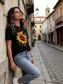 Solt - Camiseta de Cuello Redondo para Mujer con Estampado de Girasoles y Mariposas, Manga Corta, Estilo Casual de Verano para Uso Diario, Diseño con Personalidad - Negro - Ver 5