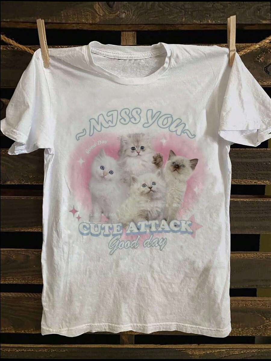 Halloween Costume, Soft Cotton T-Shirt With Funny Monkey And Cat Print, Nostalgic Retro Style, Casual Wear, Ships From The USA, Twilight Y2k T-Shirt - 白色 - 查看 1