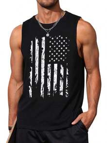 Men's USA Letter & Flag Print Tank Top, 100% Cotton Breathable Sleeveless Shirt, American Patriot Style Casual Summer Gym Vest, Perfect Independence Day / Father's Day Gift - màu đen - Xem 3