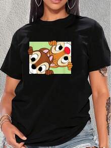 Two Adorable Cartoon Characters Peeking Curiously From A Green Background Express Joy, Friendship, And Positive Energy. Comfortable, Casual, Short-Sleeved Women's T-Shirt, Ideal For Everyday Wear. - 黑色 - 查看 6