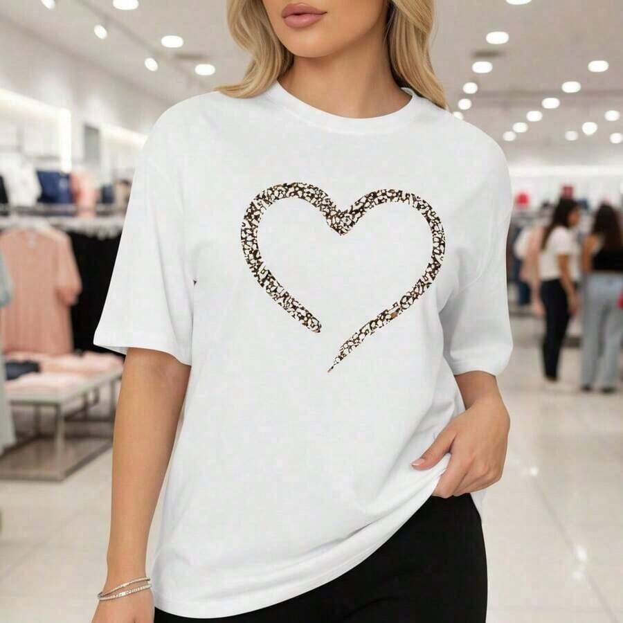 Camiseta Ligera de Algodón para Mujer con Estampado de Corazón de Leopardo, Manga Corta, Corte Holgado Casual, Cuello Redondo, , Camiseta Gráfica Básica de Verano para Uso Diario, 100% Algodón-Vintage Street Style Unisexoose Cotton Short Sleeve Crew Neck T-Shirt - Blanco - Ver 1
