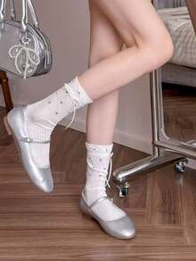 1 đôi tất trắng dài đến bắp chân, mỏng và thoáng khí kiểu tất ballet có nơ dành cho nữ, thích hợp cho mùa hè. - Nhiều màu - Xem 15
