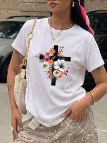 Camiseta de mujer con estampado floral de cruz cristiana, estilo casual y holgado de manga corta. Ropa urbana de estilo religioso vintage con diseño de cuello redondo relajado. Perfecto para uso diario, culto religioso, viajes de fin de semana, vacaciones y reuniones informales, además de ser un regalo cristiano ideal para creyentes. - Blanco - Ver 7