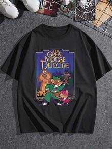Colorful Illustration With Detective Mice And A Helper Dog Solving Mysteries In A Victorian Setting With A Magnifying Glass And Hat. Comfortable And Breathable Casual Women's T-Shirt For Everyday Wear. - 黑色 - 查看 3