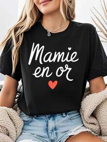 Camiseta de Mujer, Nueva Colección de Verano, Estilo Europeo y Americano, Camiseta de Manga Corta con Estampado de Letras "Mamie En Or", Cuello Redondo, Corte Holgado Casual, Top d - Negro - Ver 1