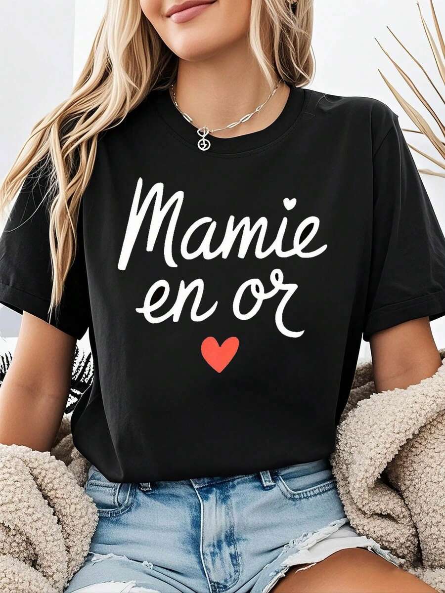 Camiseta de Mujer, Nueva Colección de Verano, Estilo Europeo y Americano, Camiseta de Manga Corta con Estampado de Letras "Mamie En Or", Cuello Redondo, Corte Holgado Casual, Top d - Negro - Ver 1