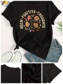 Camiseta con diseño de flor de dibujos animados para inspirar el pensamiento positivo, cómoda camiseta casual de manga corta con cuello redondo, ideal para primavera y verano, ropa de mujer - Negro - Ver 2