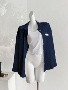 Camisa de manga larga holgada con estampado minimalista para mujer - Azul marino - Ver 5