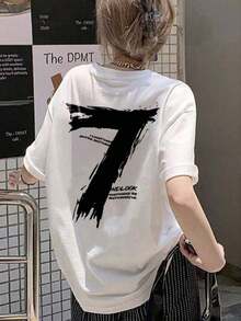 Camiseta Personalizada de Estilo Japonés para Mujer, de Manga Corta, Cuello Redondo, con Estampado de Letras y Números, Blanca, Casual-Vintage, Estilo Urbano, de Algodón, para Primavera/Verano. - Blanco - Ver 6