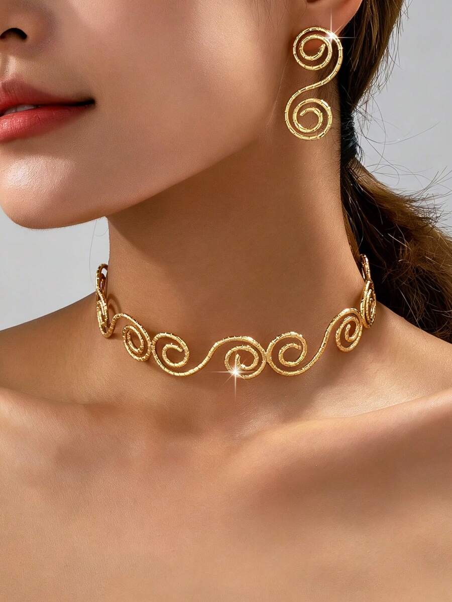 3pcs Women Jewelry Set, Exaggerated Vintage Elegant Hollow Geometric Spiral Necklace & Earrings Set, Suitable For Beach, Party, Banquet And Daily Wear - Yellow Gold - View 1