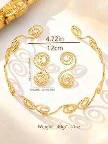 3pcs Women Jewelry Set, Exaggerated Vintage Elegant Hollow Geometric Spiral Necklace & Earrings Set, Suitable For Beach, Party, Banquet And Daily Wear - Yellow Gold - View 3