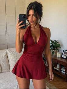 Vestido Mujer Halter Rojo: Sexy Backless Slim Fit Camisole Dress para Fiesta & Casual Summer Outfit, Regalo Lipstick Gratis Hasta Agotar Existencias - Rojo - Ver 3