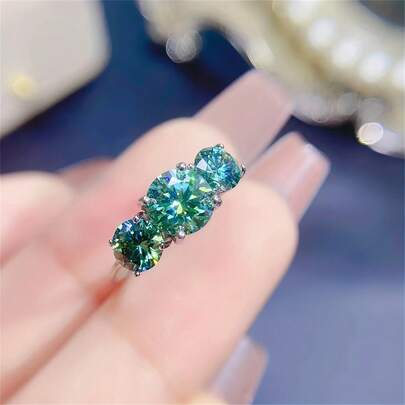 1 pieza Anillo de Moissanita de 2/4 quilates, Montura de aleación de cobre vintage con 3 gemas de corte redondo, Adecuado para uso diario y como regalo