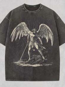 Camiseta de Arcángel Miguel - Edición Limitada, ropa de calle cristiana, con estampado religioso de espada y escudo, ropa de la Iglesia Católica, regalo religioso, camiseta de manga corta con efecto lavado suave (tallas S-3XL), adecuada para uso en la iglesia y en ocasiones informales. - Negro - Ver 7