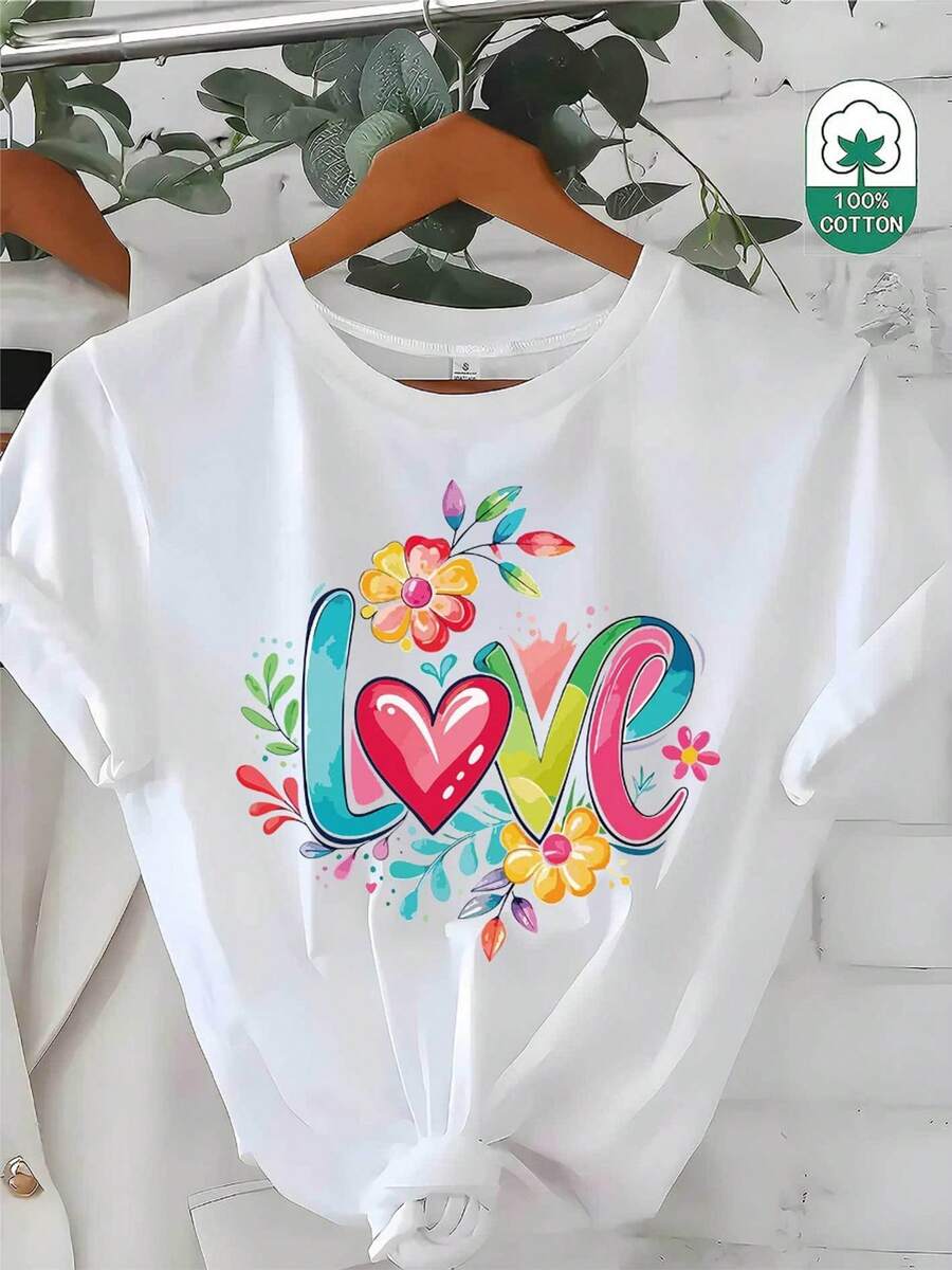 Camiseta de moda para mujer, de verano, con estampado de letras "love", de corte regular, adecuada para uso diario, viajes y ropa casual de verano. Camiseta de manga corta con estampado de letras, moderna, cuello redondo regular, 100% algodón, tela cómoda y transpirable. - Blanco - Ver 1
