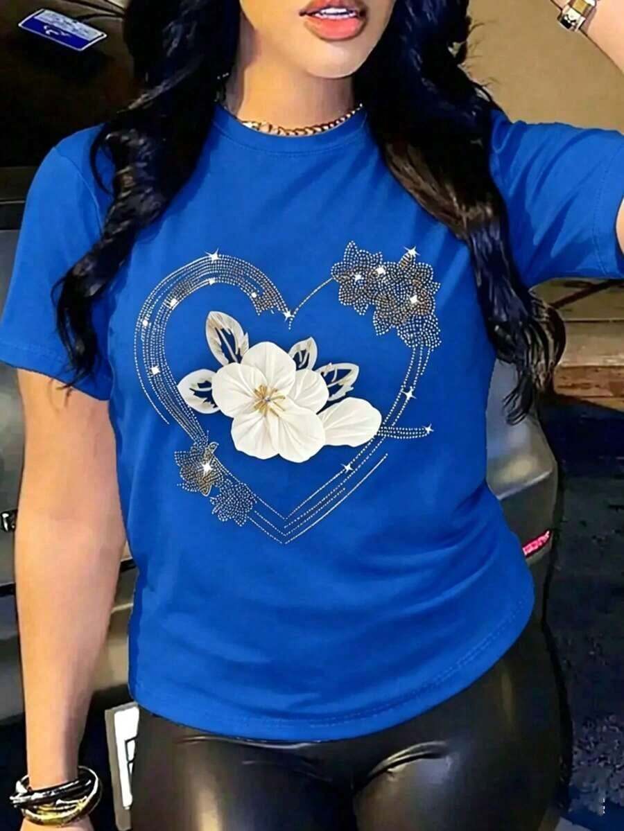 Respirable Playera Negra de Mujer con Gráfico de Flores Blancas Elegantes y Corazón Brillante, Camiseta Aesthetic con Diseño de Destellos de Estrellas, Top Glamuroso de Fiesta, Blusa Casual de Moda Sofisticada, ropa de calor mujer - Azul - Ver 1