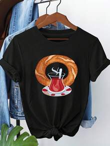 Camiseta gráfica de cocina turca casual para mujer - Cuello redondo, manga corta, diseño de fajran oriental, poliéster ligero, ideal para primavera/verano - Negro - Ver 1