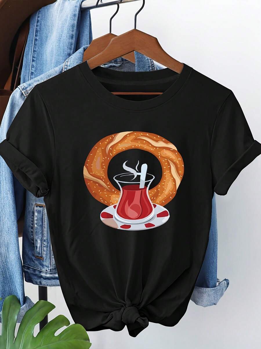 Camiseta gráfica de cocina turca casual para mujer - Cuello redondo, manga corta, diseño de fajran oriental, poliéster ligero, ideal para primavera/verano - Negro - Ver 1