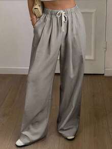 Pantalones rectos sueltos de unicolor con cintura elástica y cordón, informales de lino para el verano - Gris - Ver 12